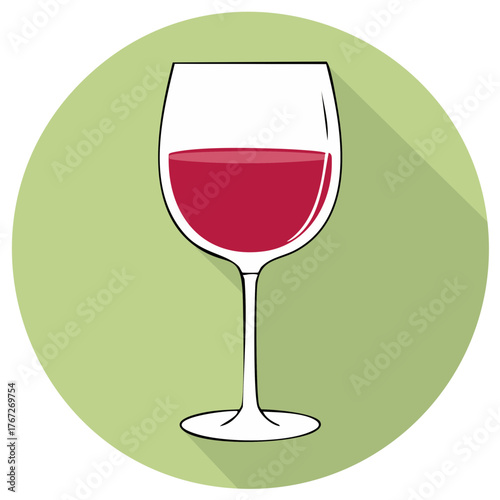 Vibrant red wine glass vector illustration in modern flat design style with long shadow on green circle