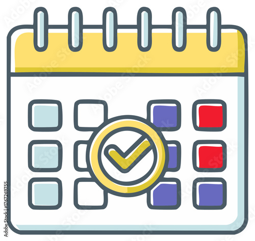 Colorful calendar with checkmark symbolizing successful planning scheduling and event completion