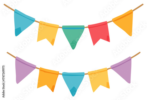 Bright festive pennant flags and bunting banners for party celebration decoration