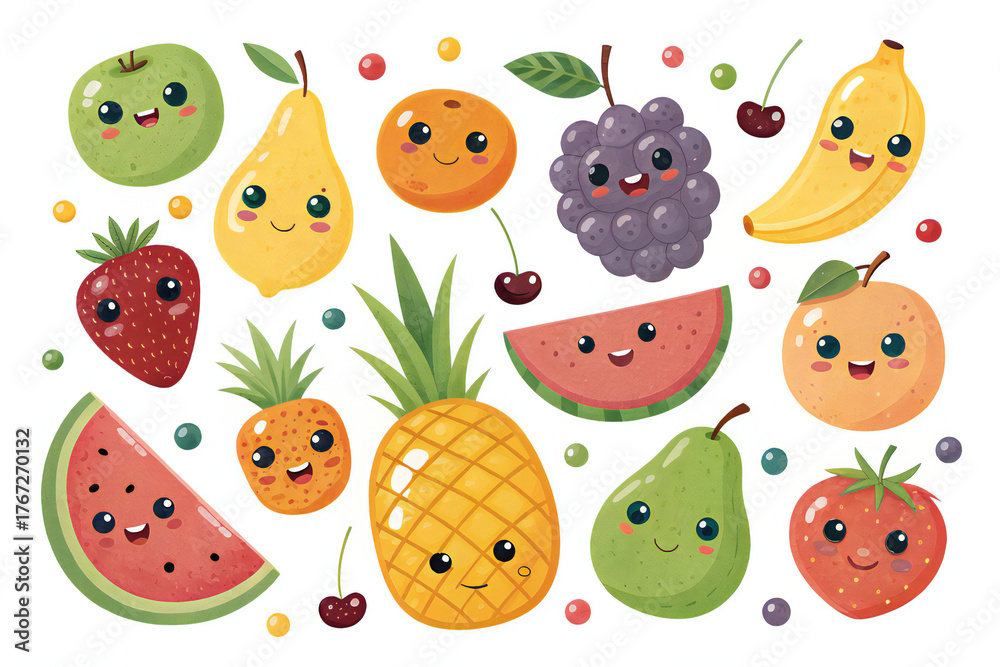 Fototapeta premium Cute cartoon fruit characters vector illustration of happy food isolat