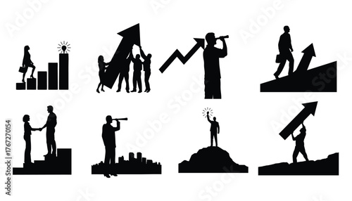 Set of Business Success Silhouettes Showing Vision, Climbing, Teamwork, and Financial Growth