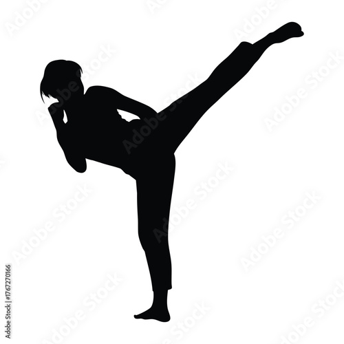 Female Martial Arts Silhouette Performing a High Side Kick for Fitness or Self-Defense
