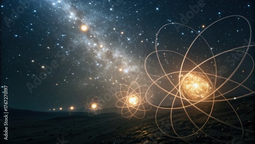 quantum physics concept art Cosmic scene blending stars and atom structures, highlighting the connection between science and the universe.