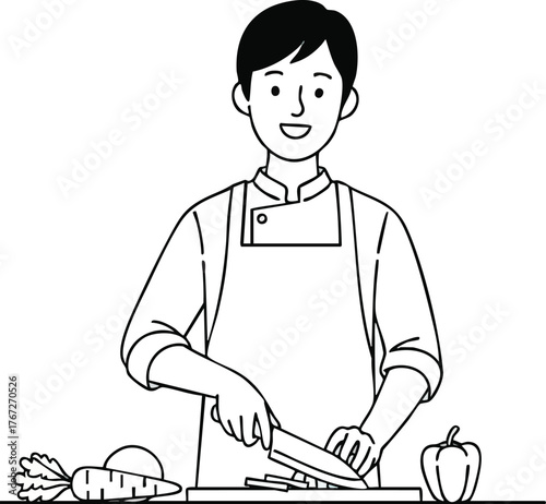 Line art illustration of a young male chef chopping vegetables.