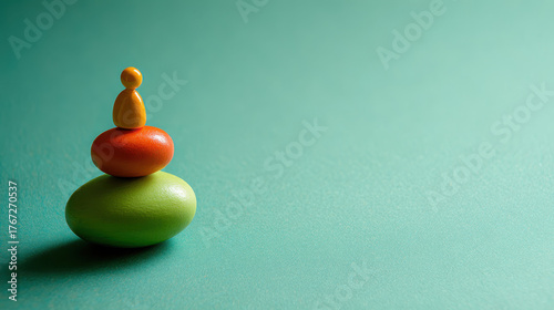 Balance, harmony, small brightly colored toy figure, isolated, green background, playful