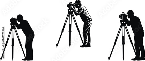 Surveyor silhouettes illustration, land surveying workers, construction engineering clipart, theodolite measurement figures, 