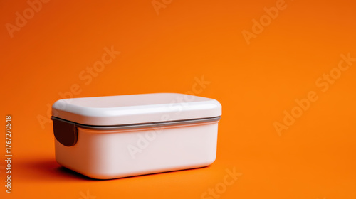 White lunch box, plastic container, reusable, eco friendly, isolated on orange background