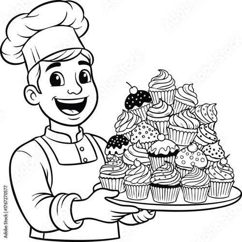 Smiling Cartoon Chef Holding a Large Tray of Cupcakes Coloring Page.