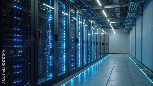 quantum information theory Modern data center showcasing rows of servers with illuminated networking equipment in a high-tech environment.