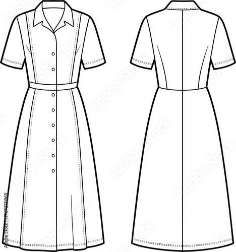 Technical fashion flat, women’s shirt dress with collar, short sleeves, button front, belted waist, A‑line midi skirt construction illustration