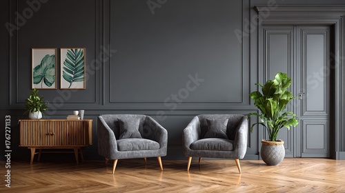 Dark gray living room with wooden furniture and tropical artwork.