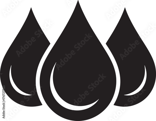 Three black water drops illustration on transparent background Simple fluid droplet icons