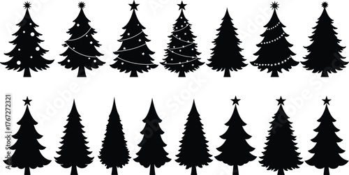 Christmas tree silhouette vector set, festive pine icons, holiday decoration collection, black and white seasonal illustrations, isolated graphic elements, minimalist design