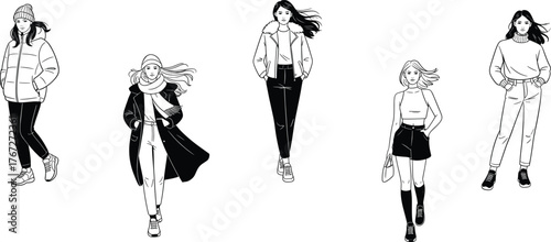 Winter fashion illustration, fall outfit sketches, stylish seasonal clothing design, trendy cold weather apparel drawing, fashionable layered outfits artwork, modern lifestyle fashion illustration