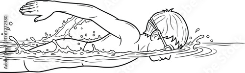 Professional swimmer practicing butterfly stroke in pool, athletic body movement, water splash motion, aquatic fitness, sports endurance, competition training, determination, focus.