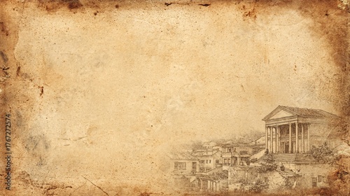 Vintage ink sketch of a grand neoclassical temple with columns and pine trees on aged, stained parchment paper.