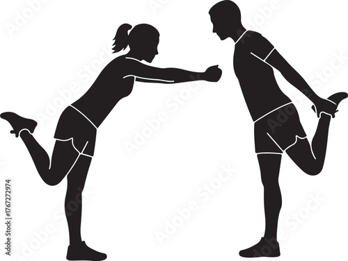  Man and Woman Stretching Exercises Silhouette Vector Illustration, depicting a couple doing fitness workouts or warm-up routines for health and wellness