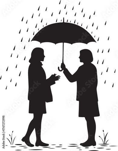  Silhouette of two people sharing an umbrella in the rain, symbolizing support, protection, and friendship through assistance and care.