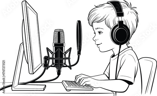 Young person podcasting, child with headphones, microphone, computer monitor, typing keyboard, digital recording, live streaming, online communication, creative media production illustration
