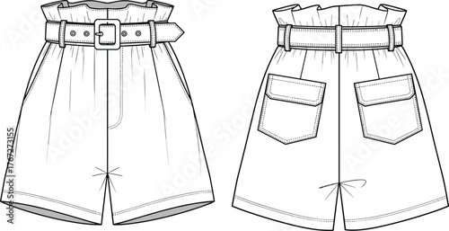 High detail paperbag waist belted shorts fashion flat with back pockets sewing pattern apparel technical drawing cad vector illustration