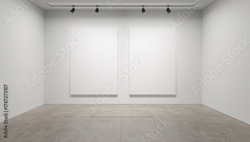 Modern art gallery space showcasing minimalist blank canvas paintings in bright spacious room