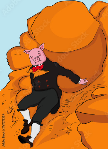 Vector illustration of pig Nft in suit lying on rock.