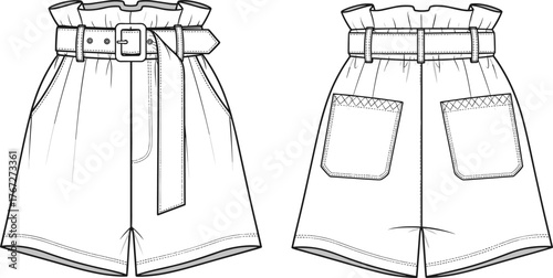 High detail paperbag waist belted shorts fashion flat, sewing pattern apparel technical sketch, rear pockets, editable cad drawing flat vector illustration