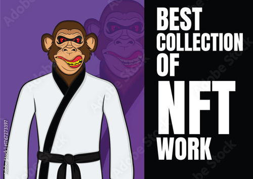 Vector illustration of bored ape in karate uniform on purple color background.