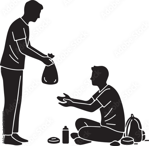 Silhouette illustration of a person offering a helping hand and charity, providing food or aid to a homeless or needy individual sitting on the street