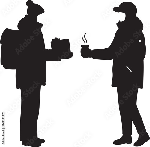Silhouette of two individuals exchanging items, with one person offering a warm coffee or drink and the other possibly accepting a package or document, representing human connection, delivery, or serv