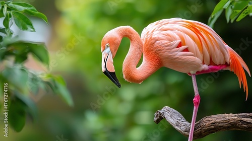 Graceful Flamingo Perched on Branch Elegant Neck Curve Lush Green Backdrop.