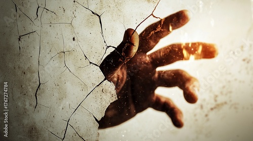 Hand Breaking Through Cracked Wall Dramatic Light Hope and Despair.