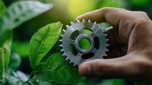 Hand Holding Metal Gear Against Lush Green Leaves Symbolizing Sustainable Technology.