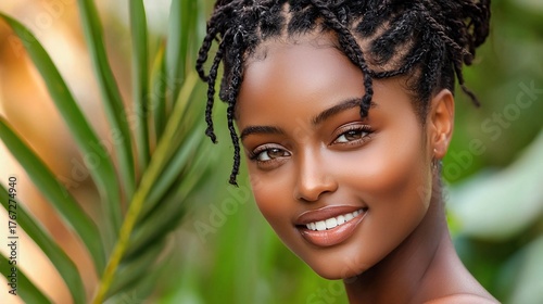 Radiant Beauty Smiling Woman with Braids Against Lush Green Foliage.
