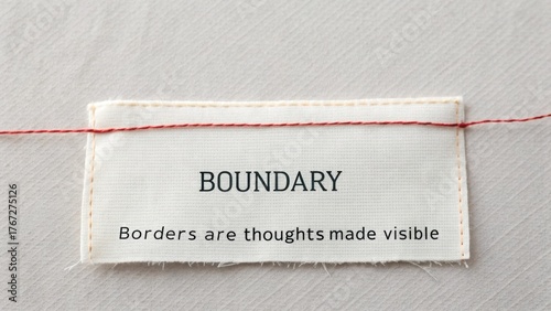 Artistic representation of boundaries with fabric tag and red thread illustrating visible thoughts and perceptions about limits