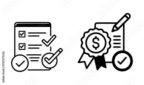 Checklist and Certificate Line Icons – Quality Assurance, Approval, and Certification Concept PNG
