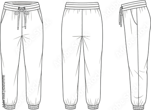 Jogger pants technical flat sketch front back and side view, fashion design vector template, casual sportswear illustration, cad drawing