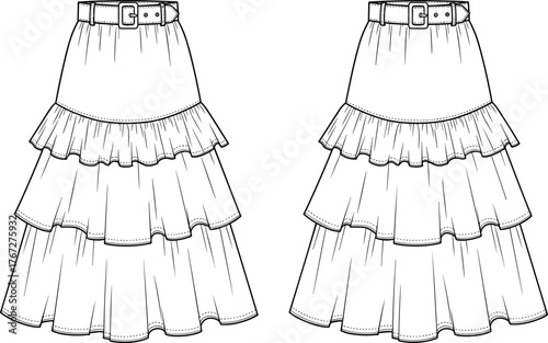 Layered ruffle skirt with belt front and back technical flat, women fashion cad drawing vector template, detailed clothing illustration design