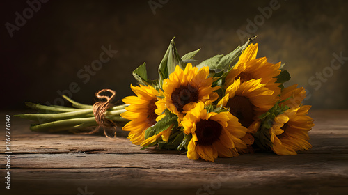 Sunflower bouquet on a rustic wooden surface with warm directional lighting.