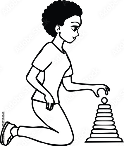 Monochrome line art of a person with curly hair, kneeling and carefully stacking rings on an educational toy, symbolizing early childhood development, focus, and playful learning