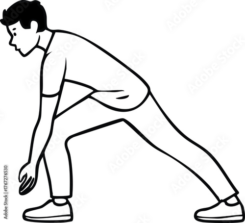 A young man in a lunge position, stretching his legs as part of a warm-up routine before exercise. Black and white line art illustration