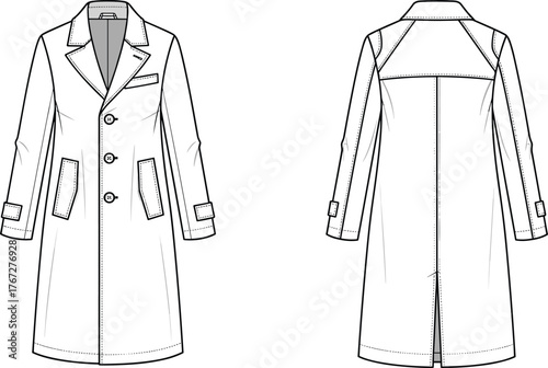 Long sleeve trench coat front and back view, classic overcoat fashion flat sketch, button details, outerwear template, CAD vector illustration