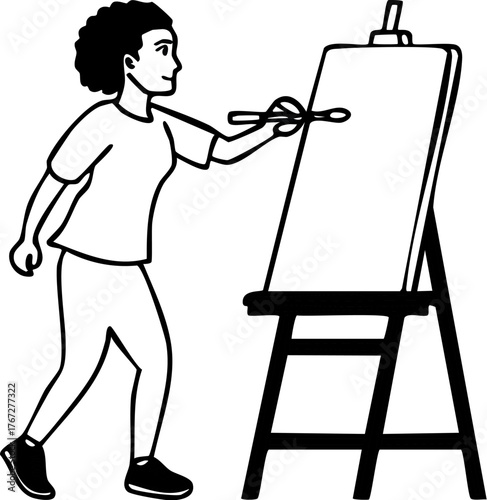 Black and white line drawing of an artist, a woman, concentrating on her painting at an easel, illustrating creative passion, artistic pursuit, and the rewarding hobby of art
