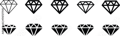 Diamond icon set, geometric gemstone shapes, black and white vector, jewelry design elements, minimal style, luxury symbol, crystal cut illustration
