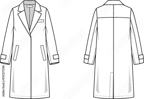 Long trench coat front and back technical fashion flat sketch with pockets and cuff detail, garment design cad drawing vector illustration
