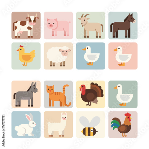 A collection of flat design farm animals and related creatures in a grid layout, featuring cows, pigs, horses, chickens, and more.