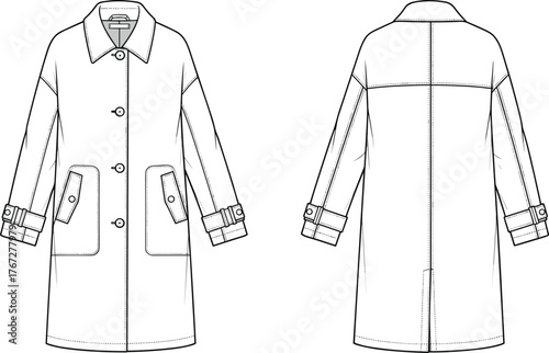 Long trench coat front and back technical fashion flat with pockets and sleeve straps, button closure, clean sewing pattern cad drawing flat vector illustration