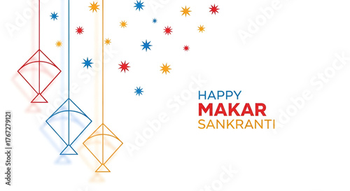 Happy Makar Sankranti Greeting Card Design With Minimalistic Line Art Outline Kites In Red Blue And Yellow Colors Hanging From The Top On A Pure White Background Along With Colorful Star Shaped 
