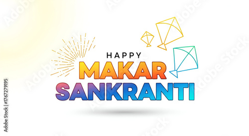 Happy Makar Sankranti Harvest Festival Greeting Card Design With Modern Colorful Gradient Typography And Outline Kites Flying On A White Bright Background With An Abstract Sun Burst Effect For The 
