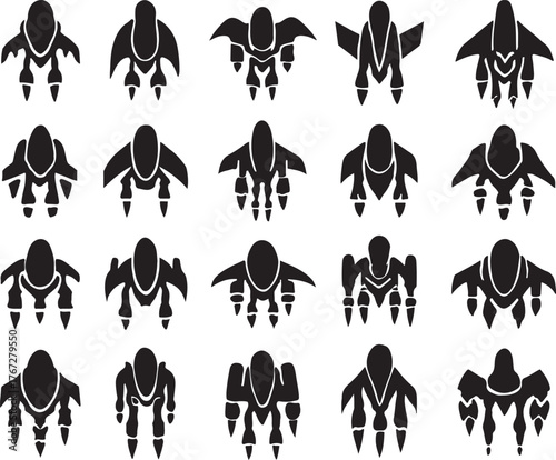 set of futuristic aero foot robotic design for walking and flying in the sky different design each silhouette style pro vector on white background